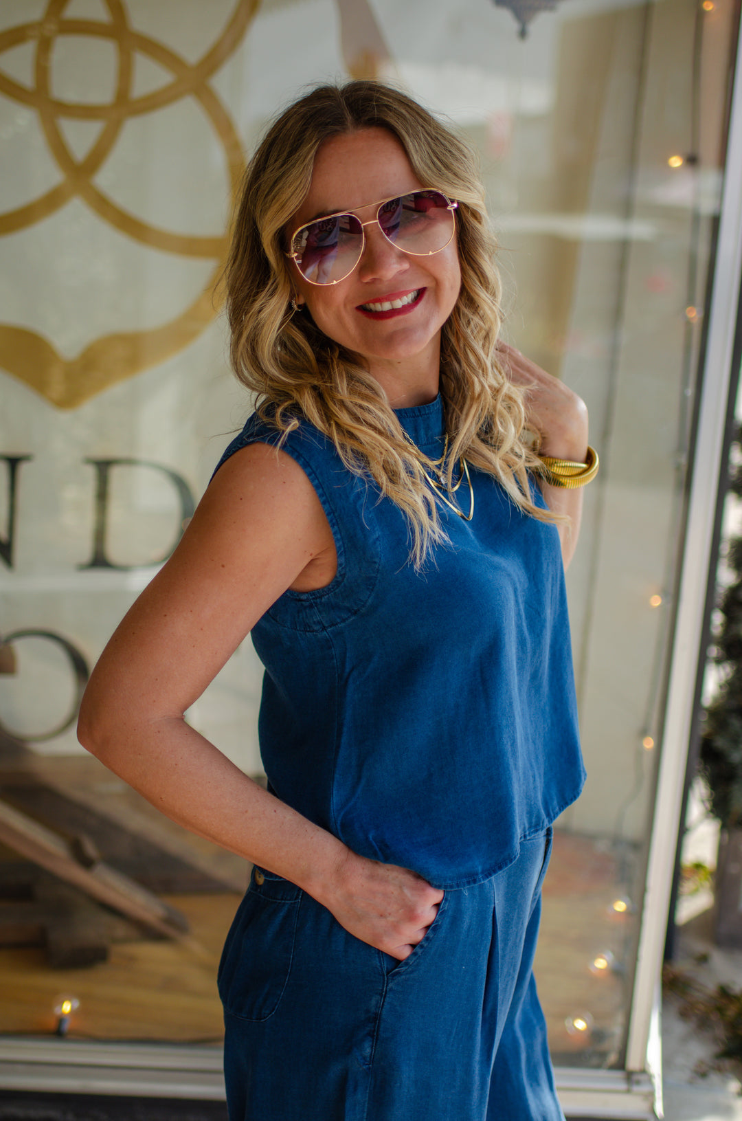 Classic Stroll Chambray Sleeveless Button Back Top