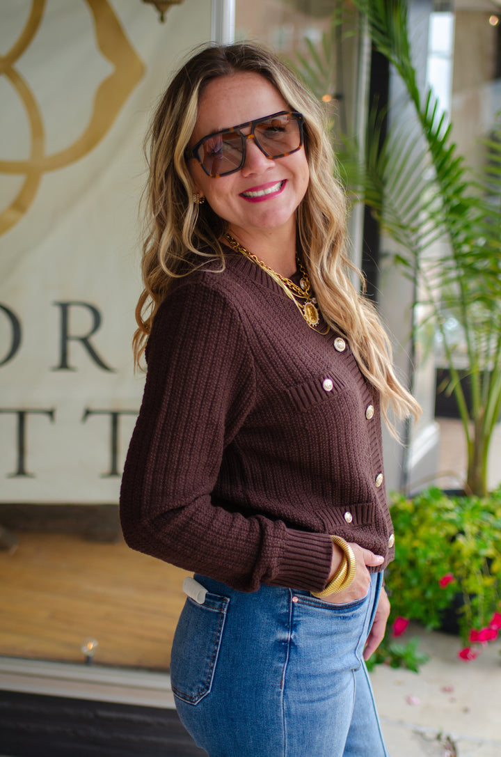 Stylish Moments Gold Button Detailed Sweater Top in Brown