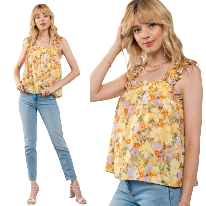 Bouquet Floral Scrunch Sleeve Tank Top in Yellow