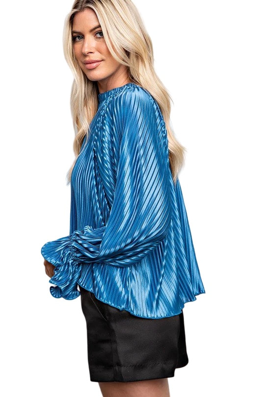 Cold As Ice Accordion Pleated Top in Icy Blue