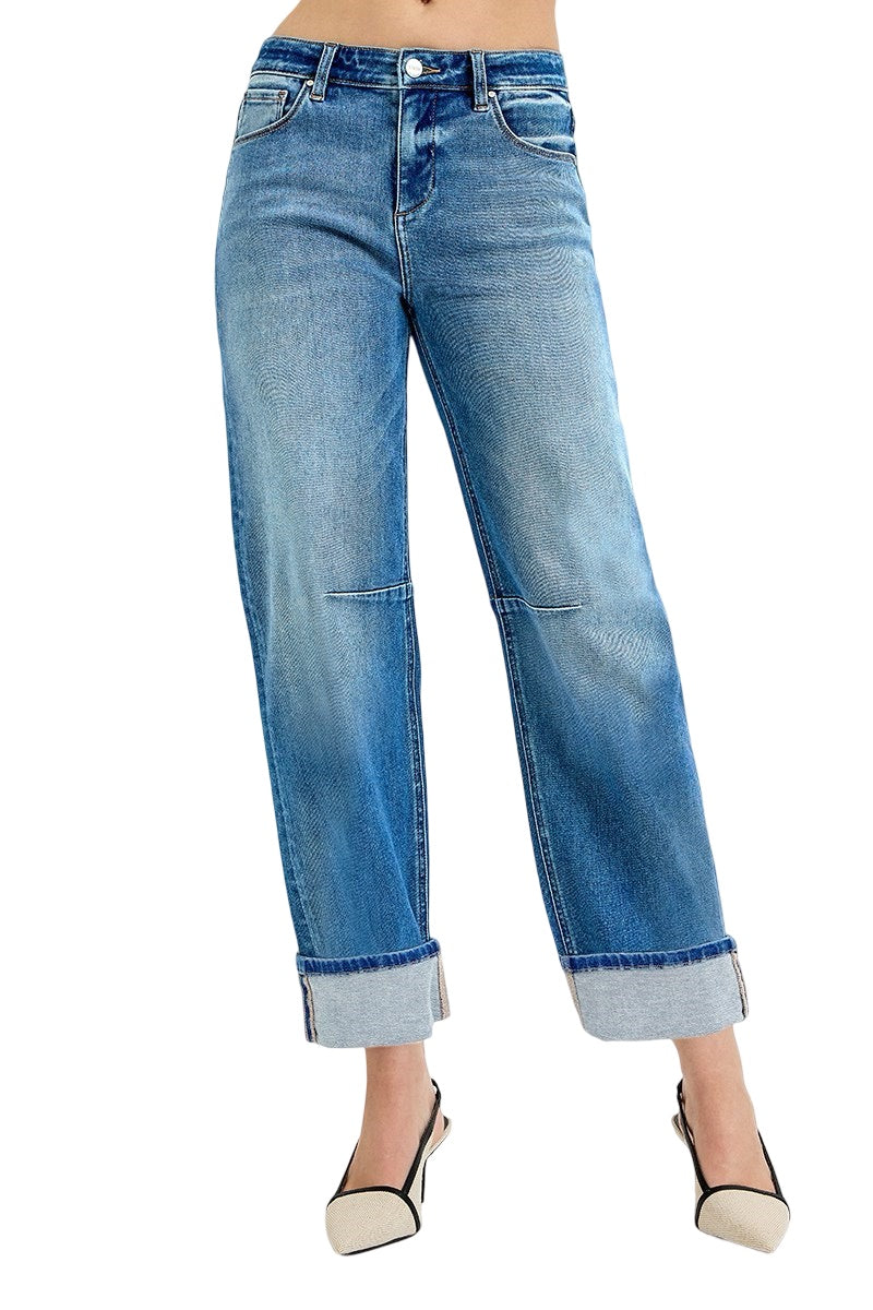 Risen Slouchy Crop Barrel Cuffed Jeans in Medium Wash