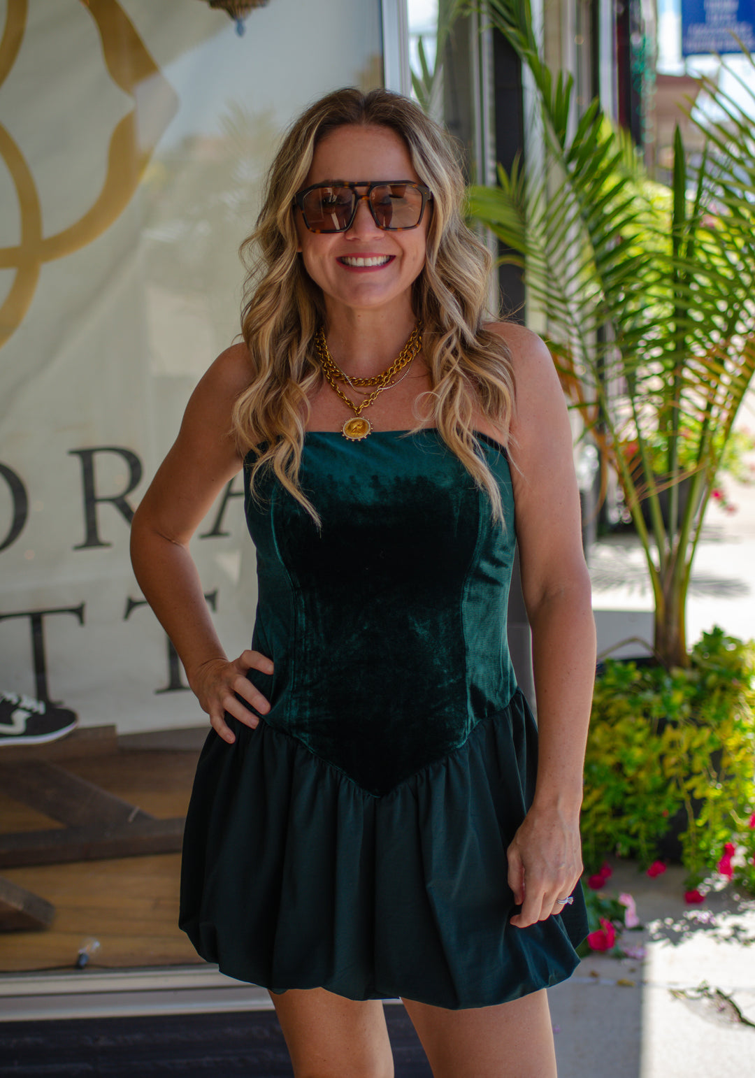 Take Me Out Velvet Strapless Bubble Hem Dress in Emerald