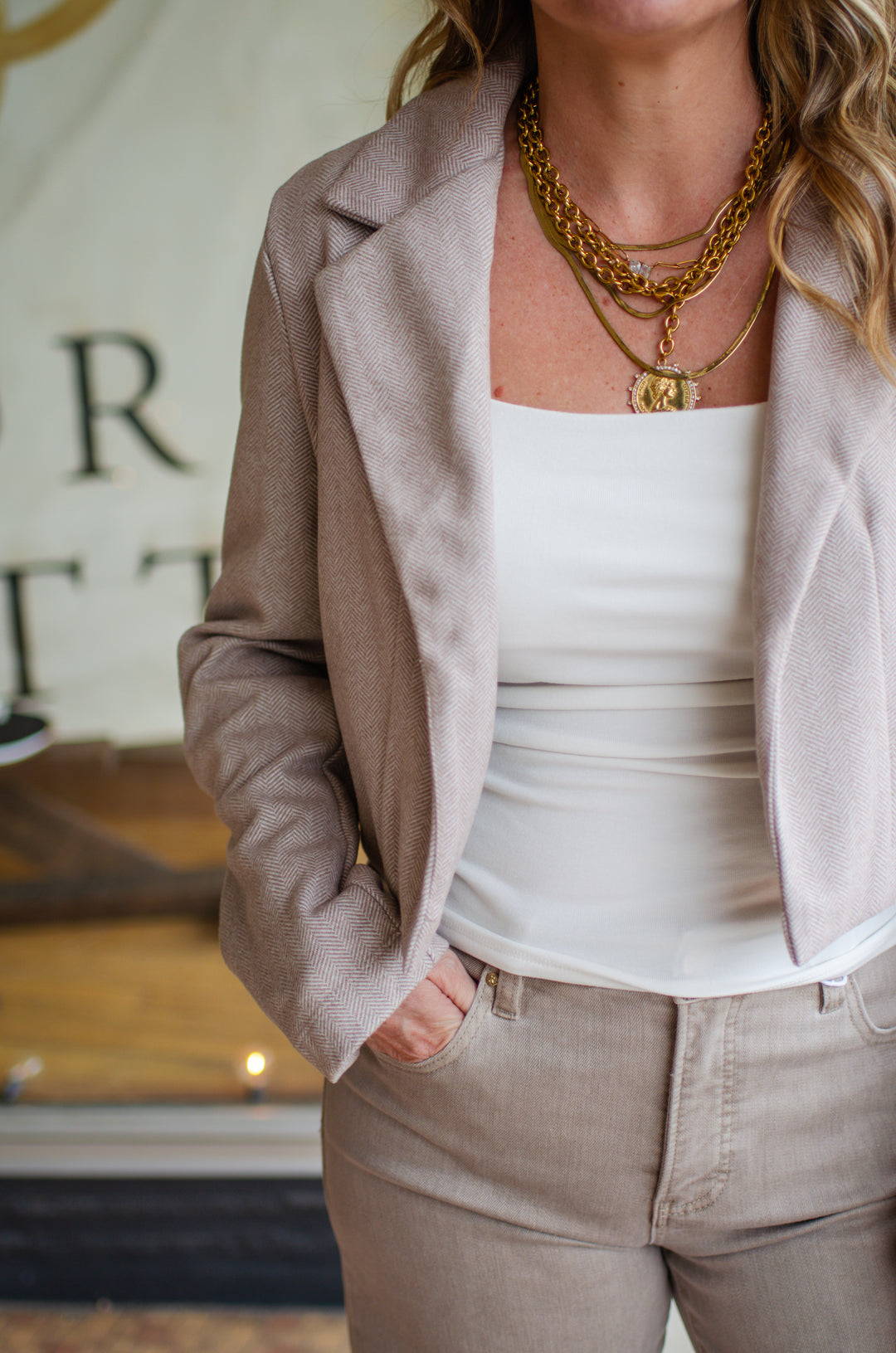 Chic Style Tweed Blazer in Beige