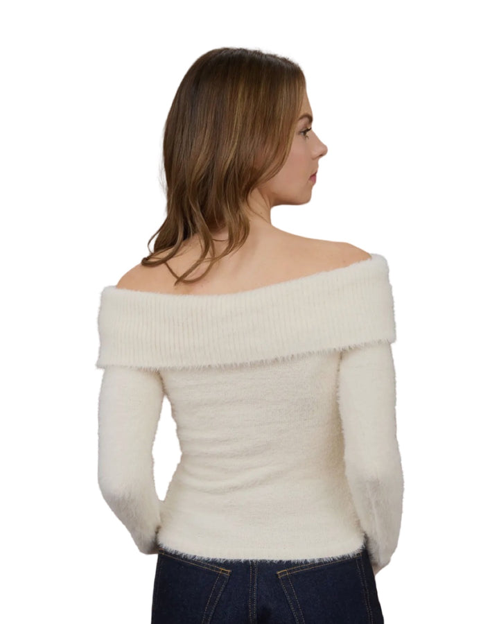 Pure Happiness Fold Over Off The Shoulder Knit Sweater in Cream