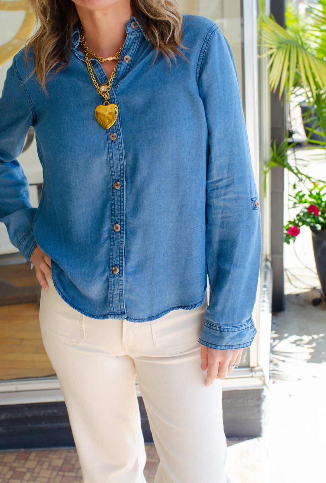 Skip A Beat Chambray Button Down Long Sleeve Top