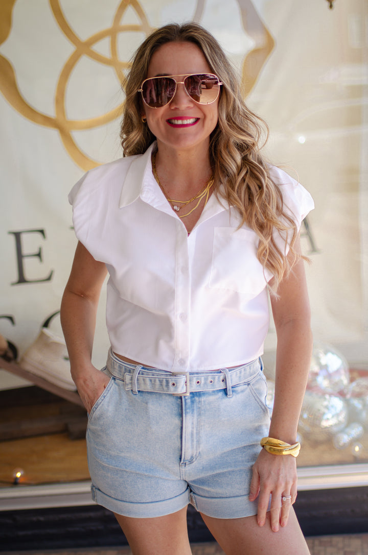 On Point Button Down Pouf Sleeve Collared Top in White