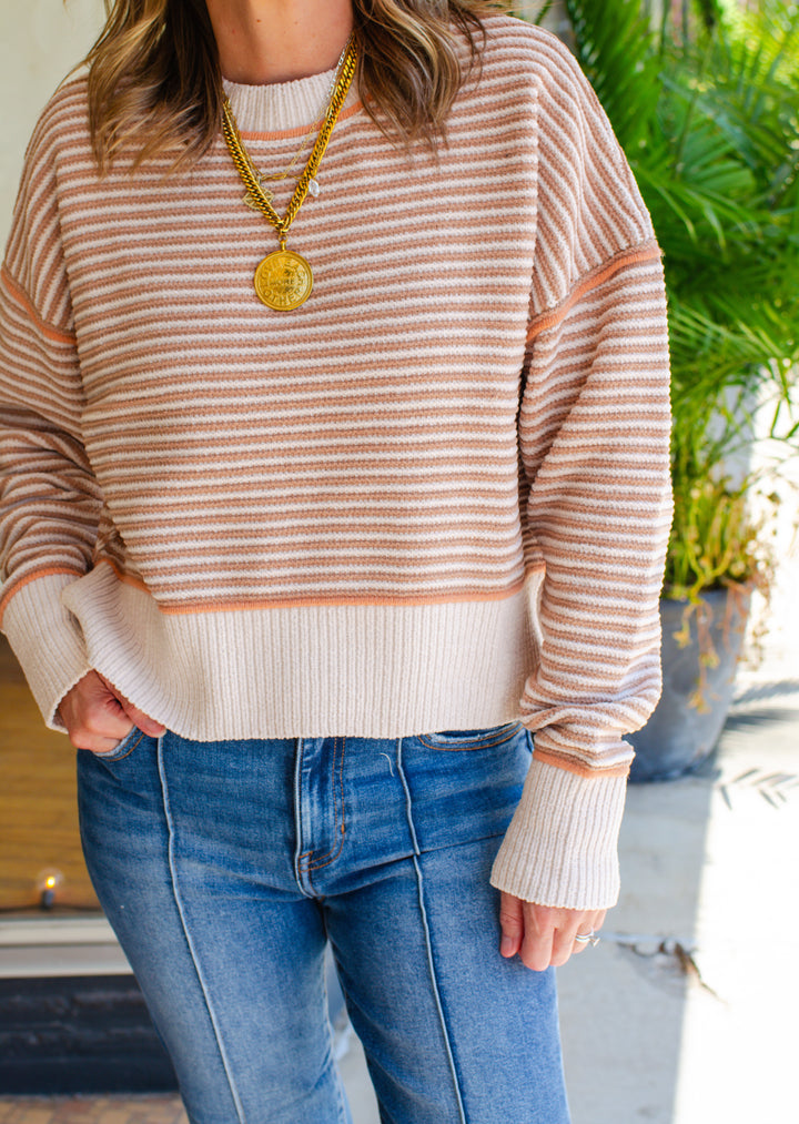 Get Cozy Soft Ribbed Knit Round Neck Color Block Sweater in Taupe
