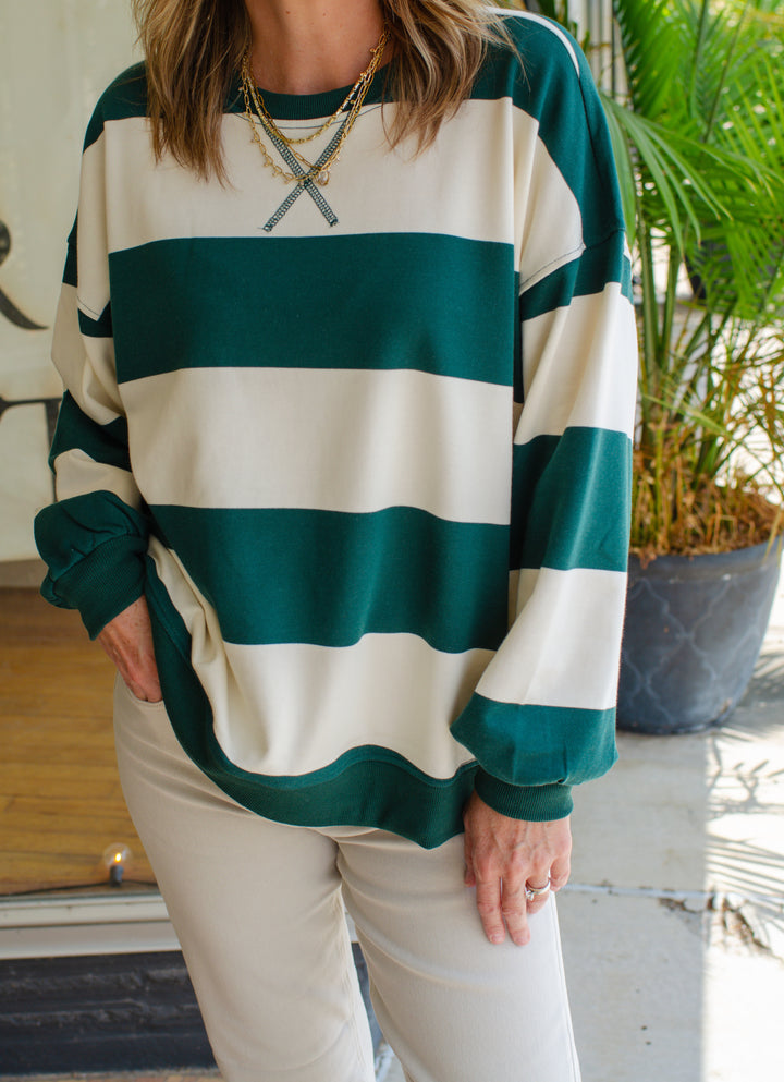 Be Bold Green & Cream Stripe Oversized Crewneck Long Sleeve Top
