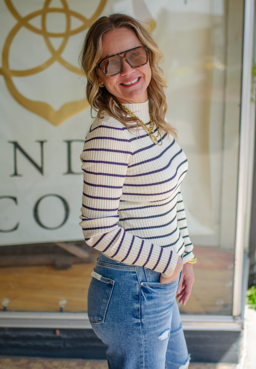 Love Story Ribbed Stripe Fitted Mock Neck Top in Cream