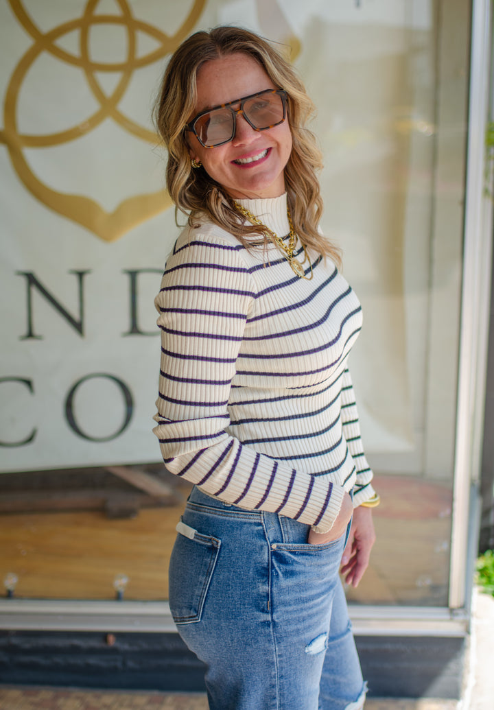Love Story Ribbed Stripe Fitted Mock Neck Top in Cream