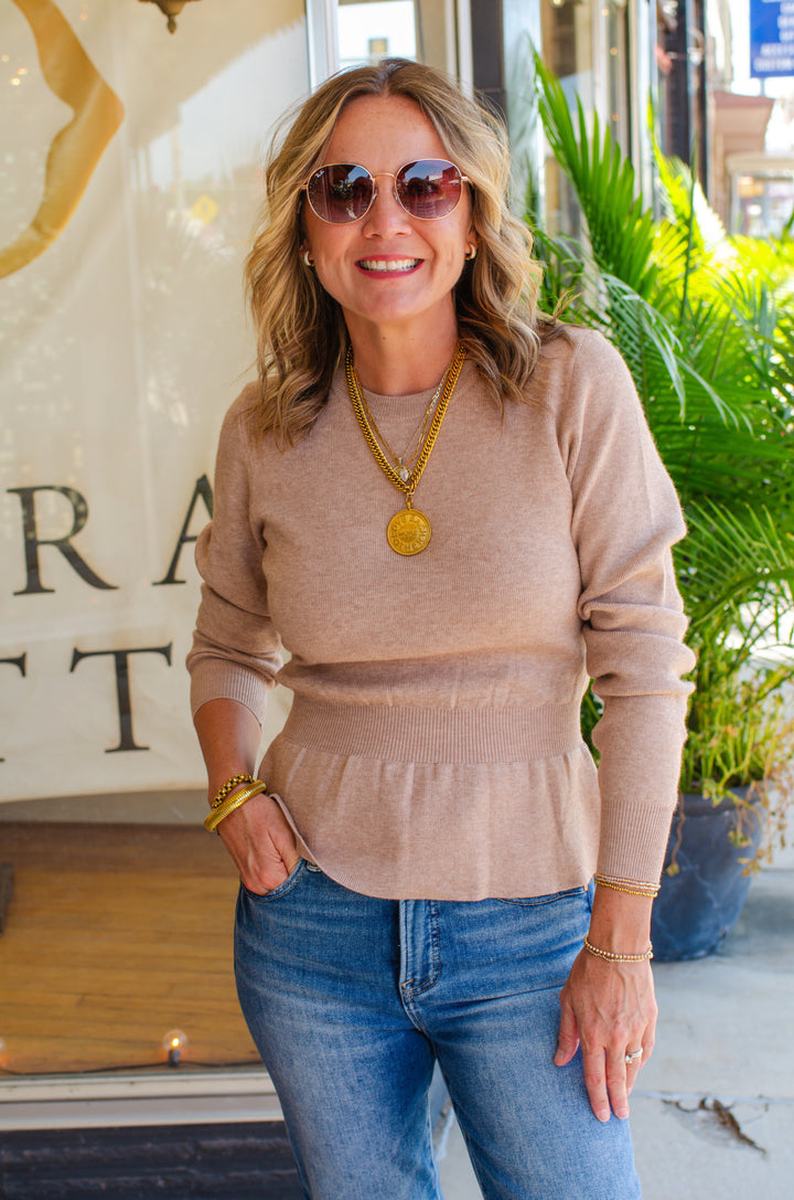 Hold Me Close Fitted Peplum Sweater in Oatmeal