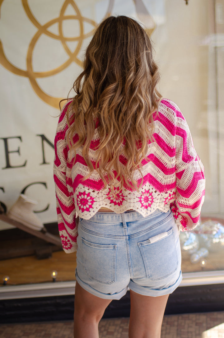 Pink Boho Crochet Knit Long Sleeve Top in Hot Pink