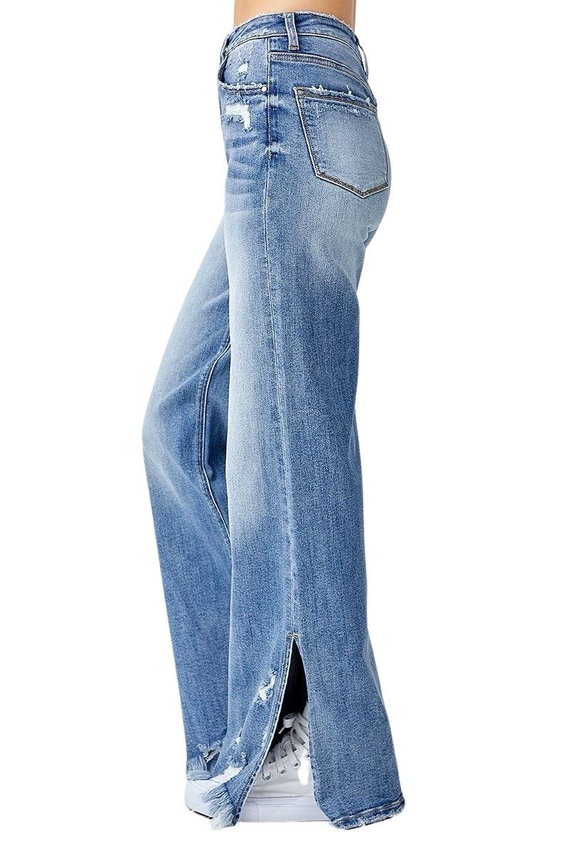 Risen High Rise Side Slit Wide Leg Jeans in medium wash