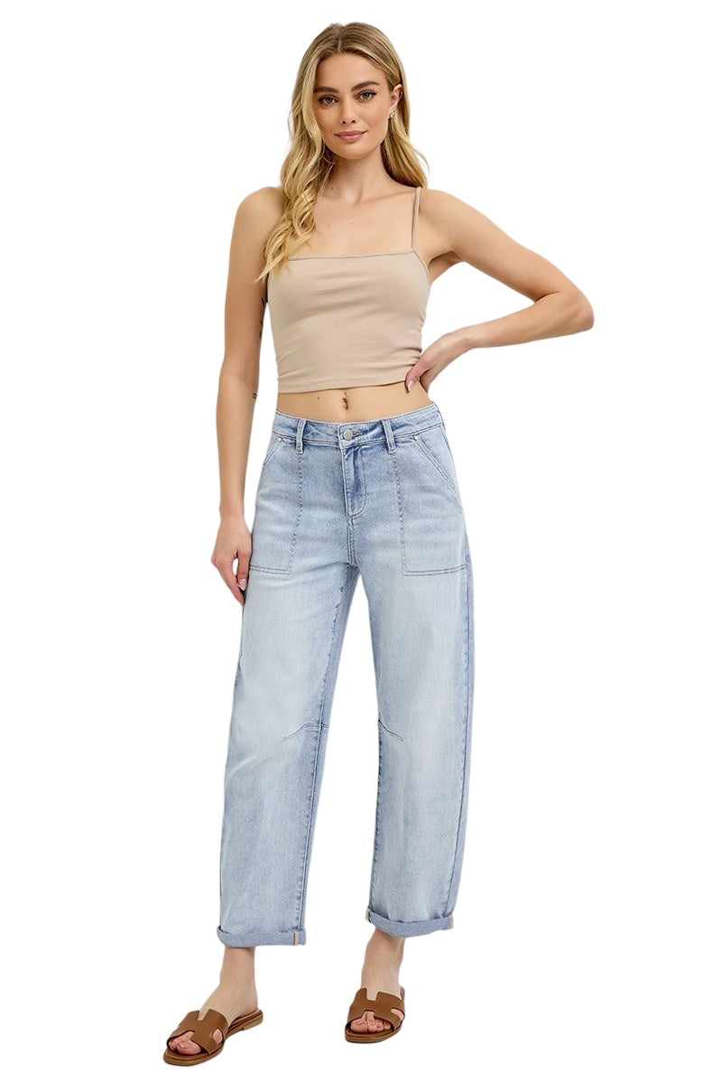 Risen Mid Rise Barrel Relaxed Patch Pocket Jeans in Light Wash