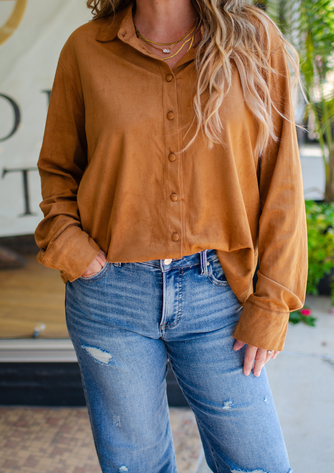 Chic Date Night Suede Like Button Down Top in Camel