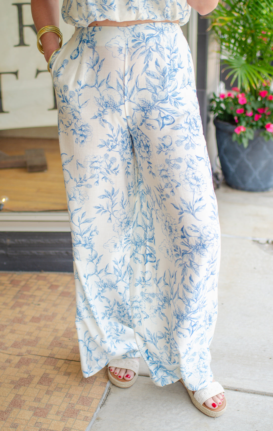Capri Sunset Blue Toile Floral High Rise Wide Leg Pant