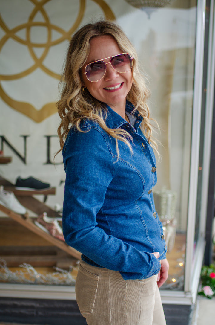 Perfect Denim Fitted Button Down Collared Top in Dark Denim