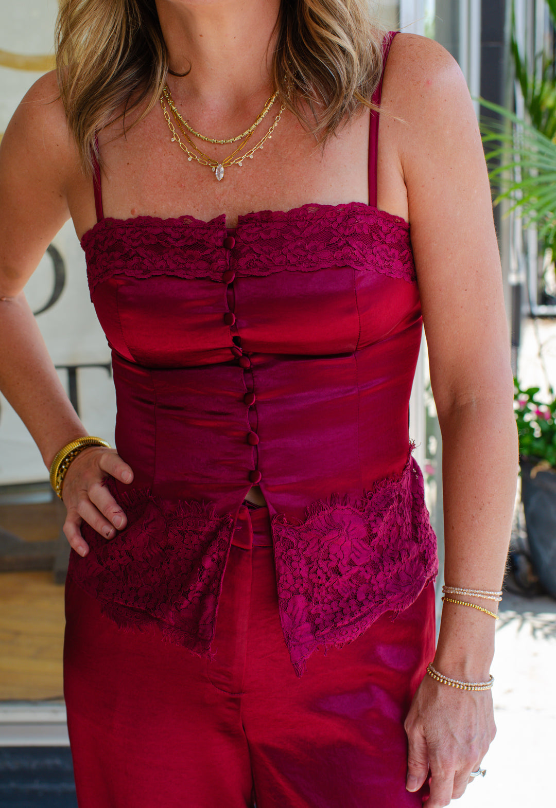 Fall Romance Satin Button Down Lace Camisole in Wine