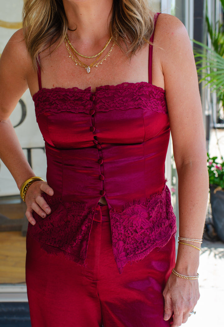 Fall Romance Satin Button Down Lace Camisole in Wine
