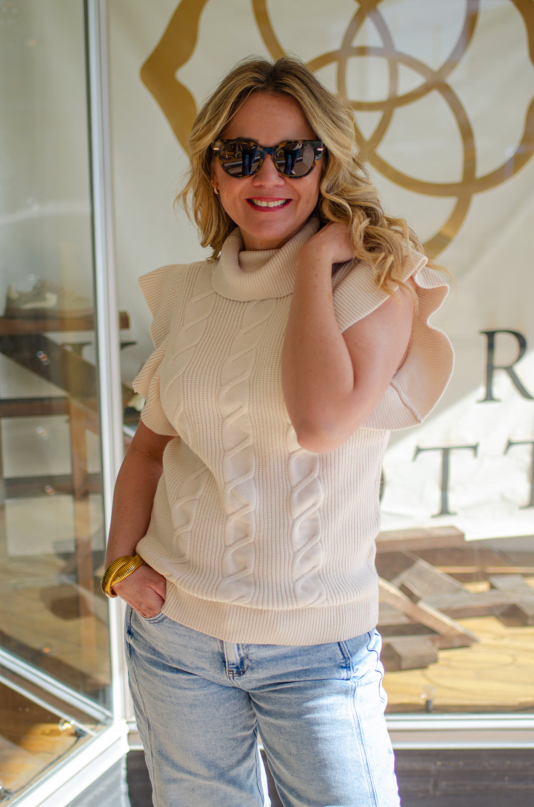 Love in The Air Ruffle Sleeve Cable Knit Sweater Top in Cream