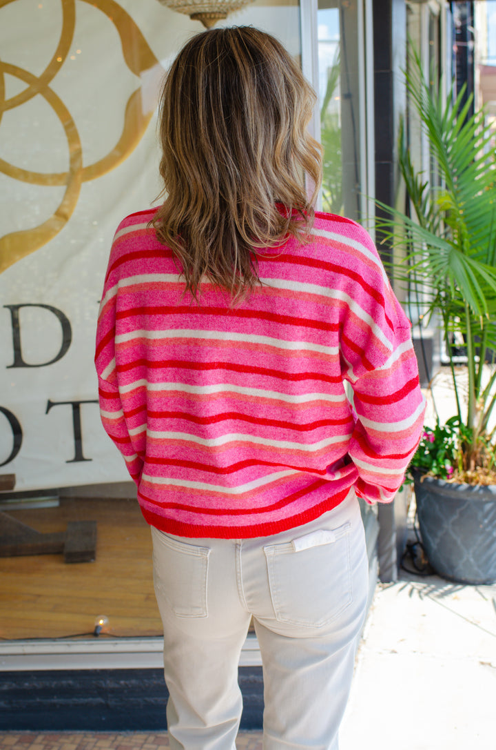 Make It Pop Pink Stripe Button Long Sleeve Sweater Top