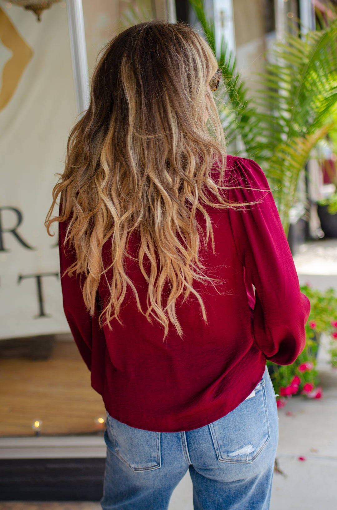 Weekend Romance Silky Button Down Blouse in Burgundy