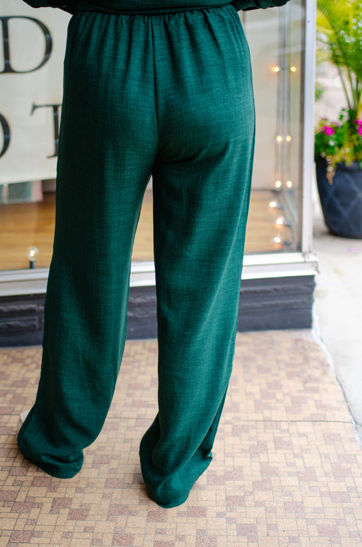 Forever True to You High Rise Poly Linen Stretch Waist Pant in Forest Green