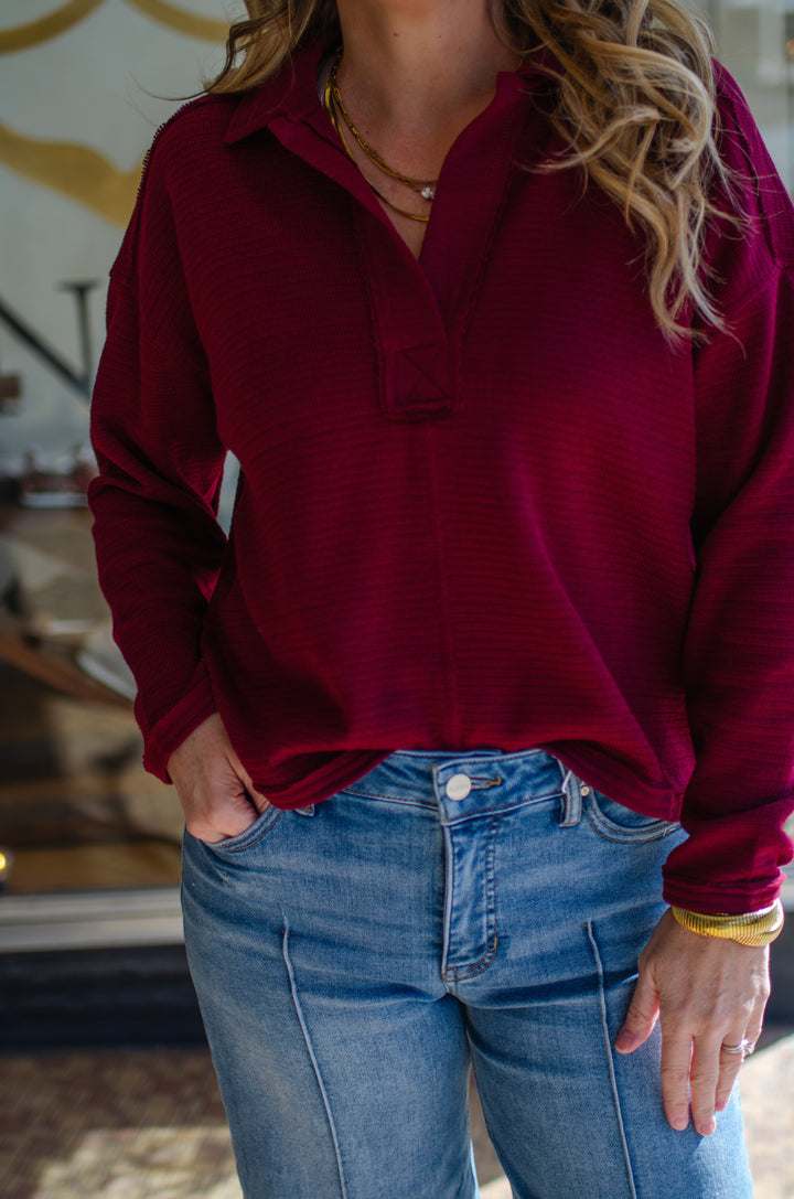 Take Your Time Split Neckline Long Sleeve Collared Top in Burgundy