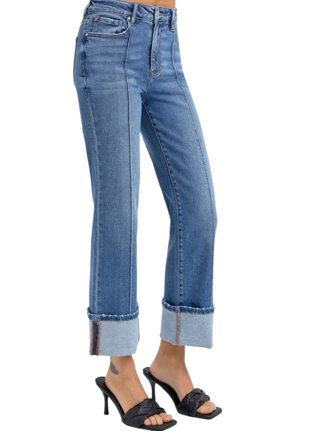 Risen High Rise Ankle Straight Wide Cuff Jeans in Medium Wash
