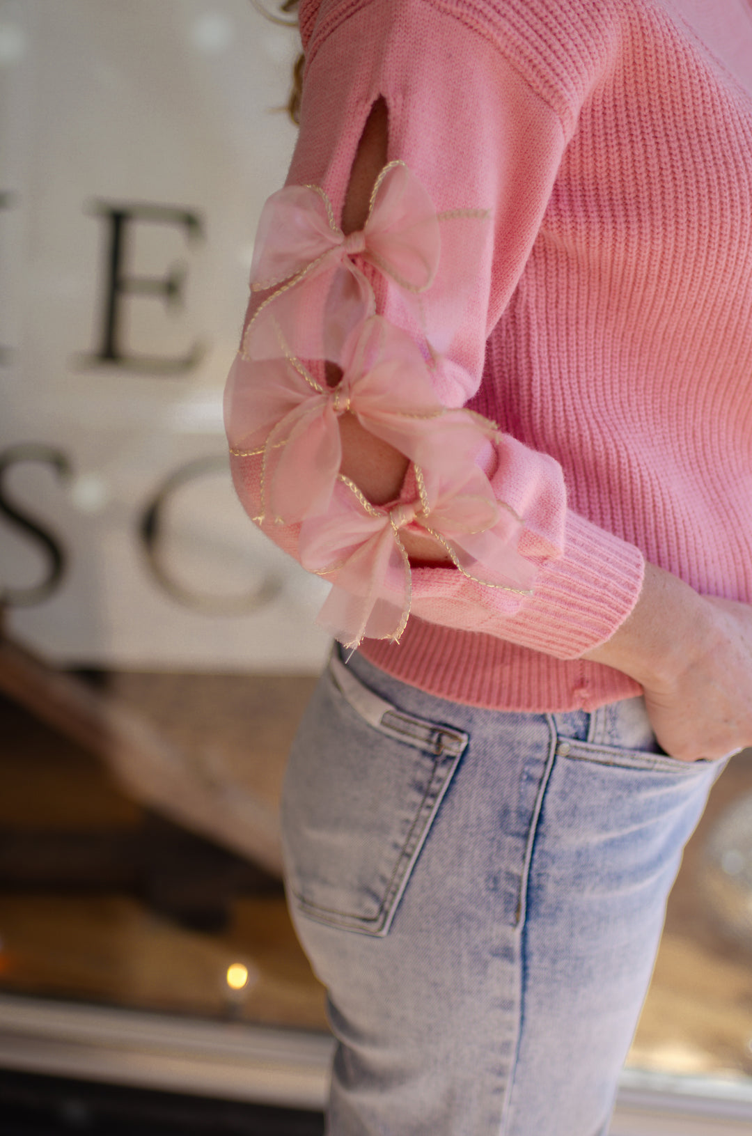 Be Mine Pink Knit Sweater with Bow Detail on Sleeves