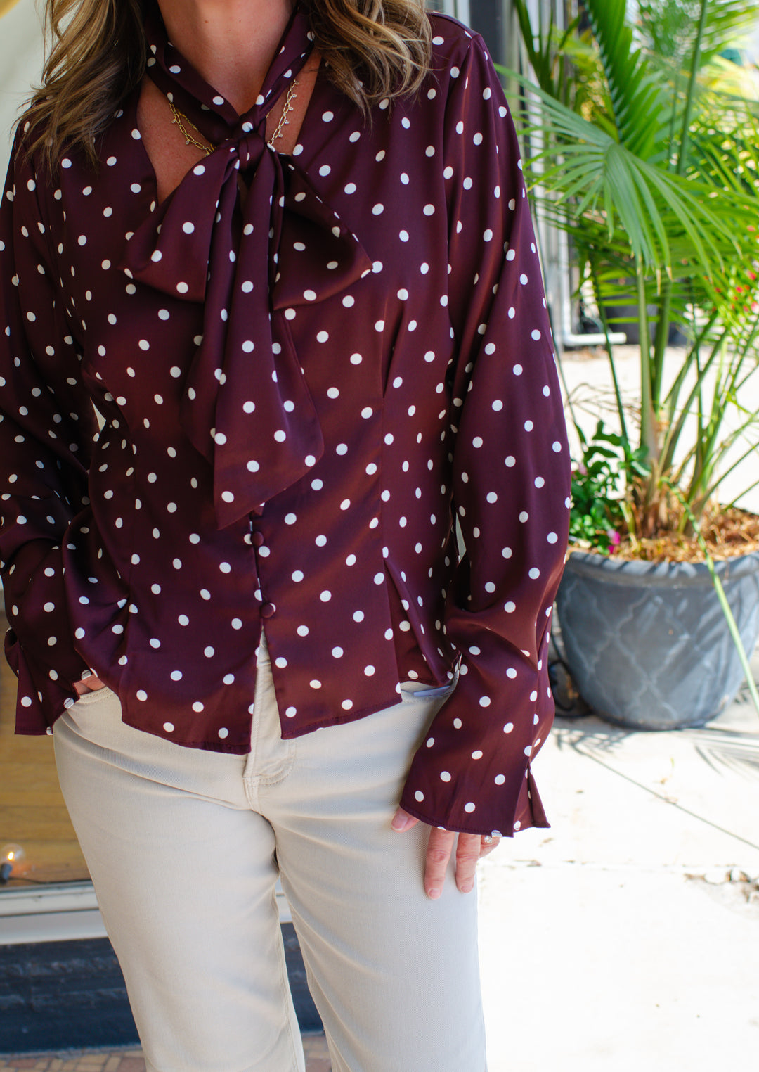 Make Your Mark Polka Dot Tie Neck Long Sleeve Top in Burgundy