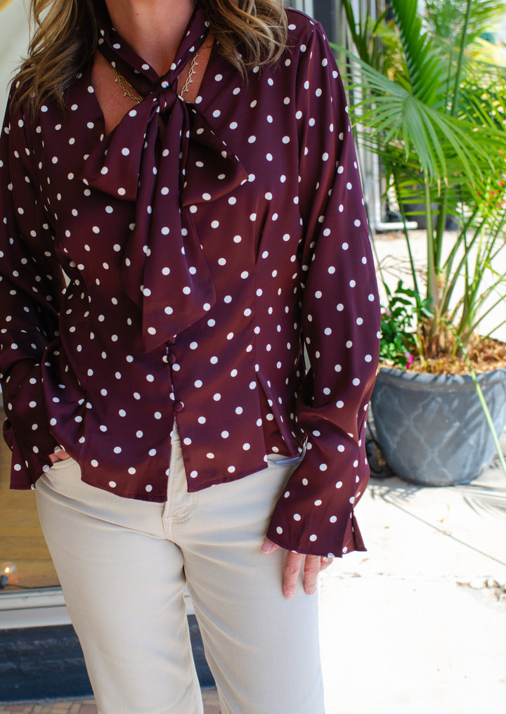 Make Your Mark Polka Dot Tie Neck Long Sleeve Top in Burgundy