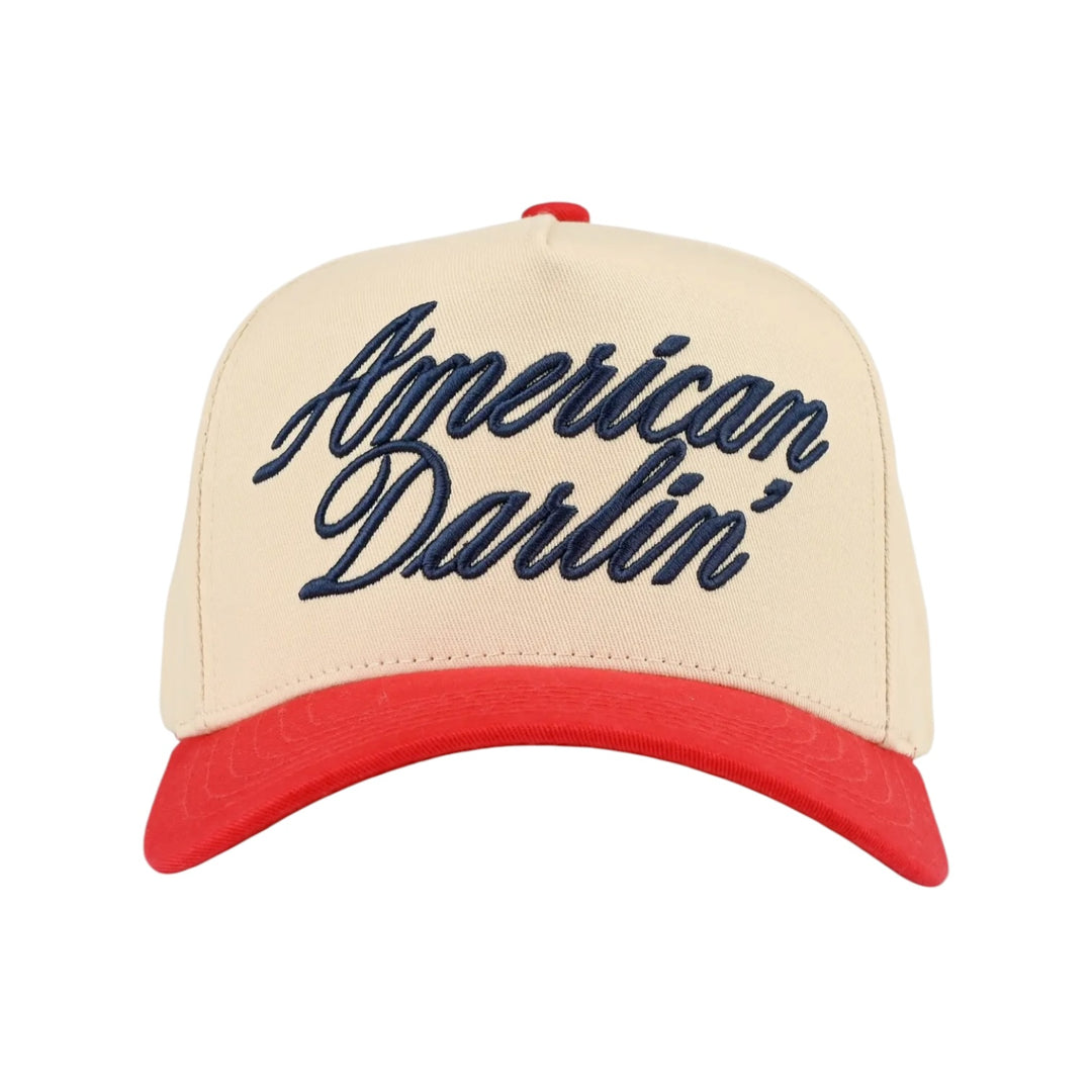 American Darlin' Embroidered Navy Letter on Two Tone Trucker Hat on Red