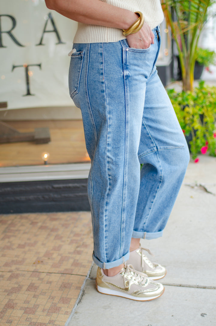 Risen High Rise Boyfriend Cuffed Barrel Jeans in Medium Wash