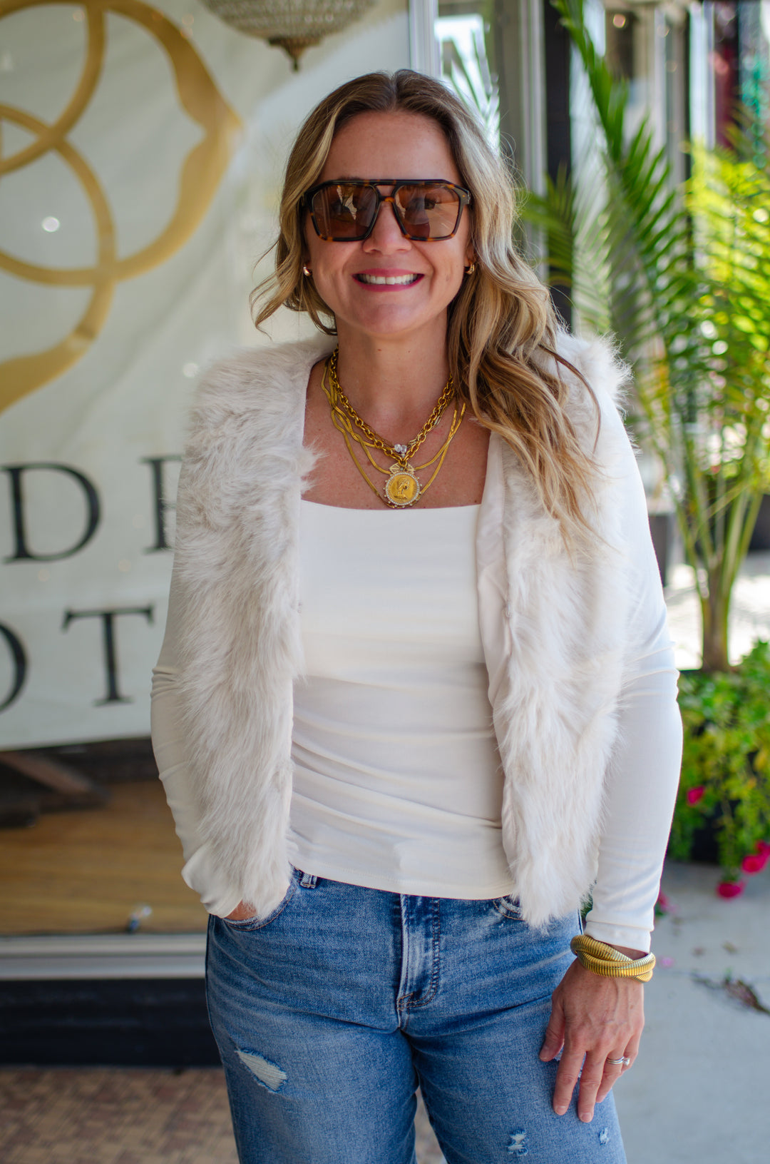 Glam Fur Vest in Ecru