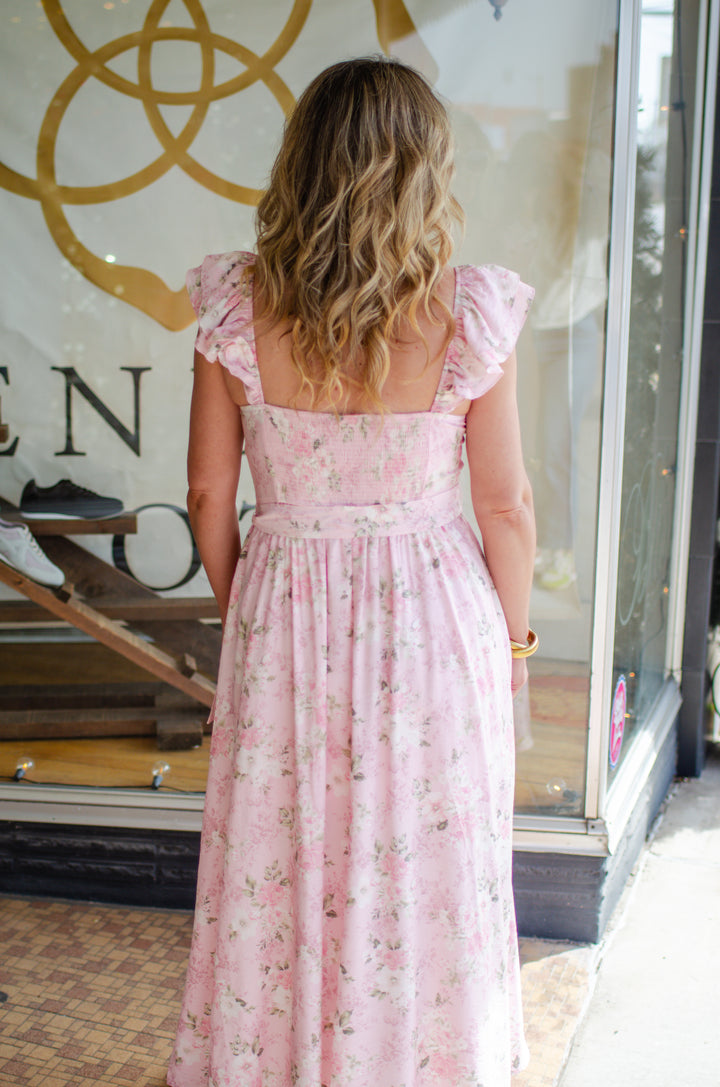Luxembourg Gardens Pink Floral Corset Top Midi Dress