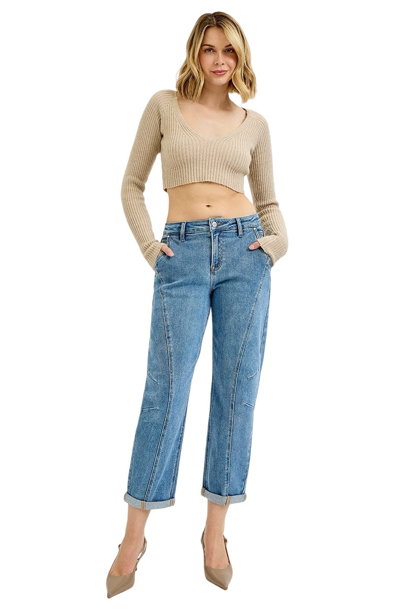 Risen Slouchy Crop Seam Detailed Barrel Jeans in Medium Wash