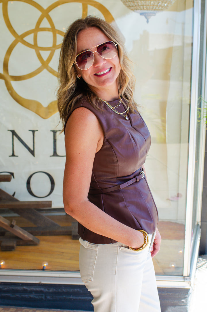 Falling For You Faux Leather Belted Top in Brown