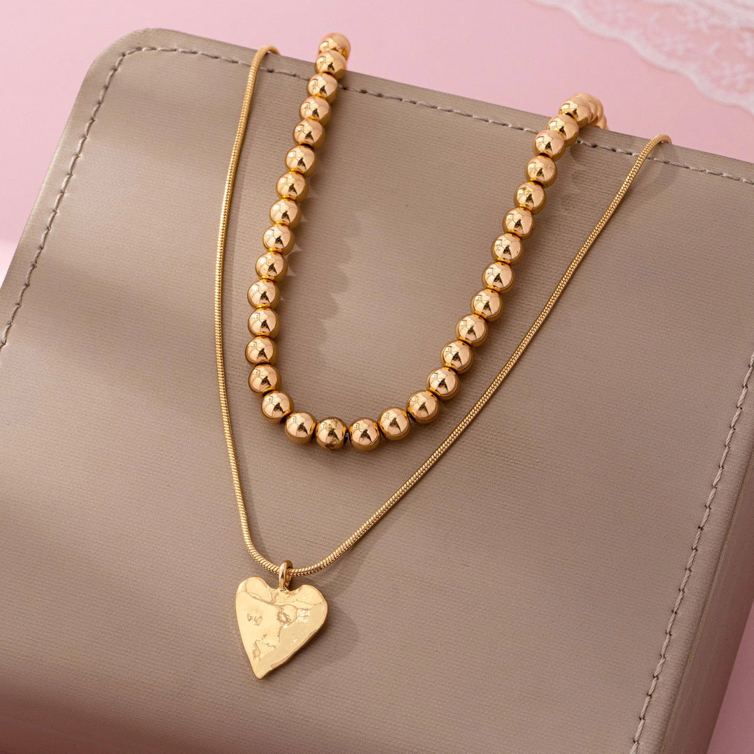 Doubler Layer Ball Chain Heart Charm Necklace