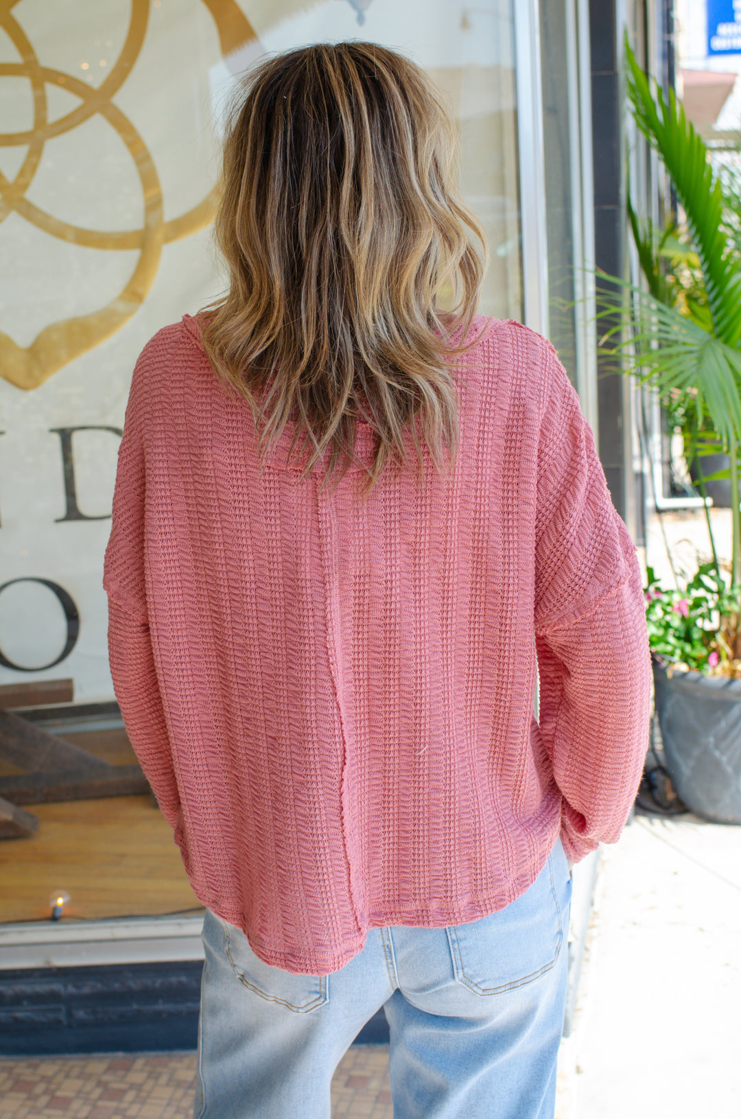 Our Time Textured V-Neck Long Sleeve Top in Mauve