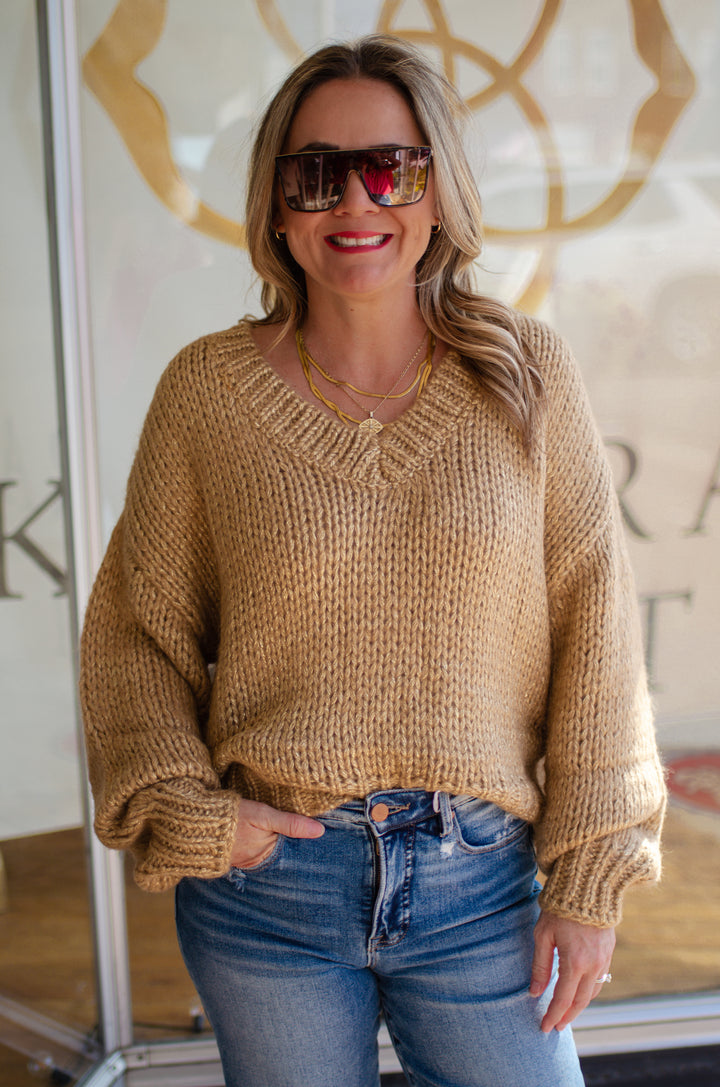 Forever Intertwined Metallic Gold & Canel V-Neck Knit Sweater