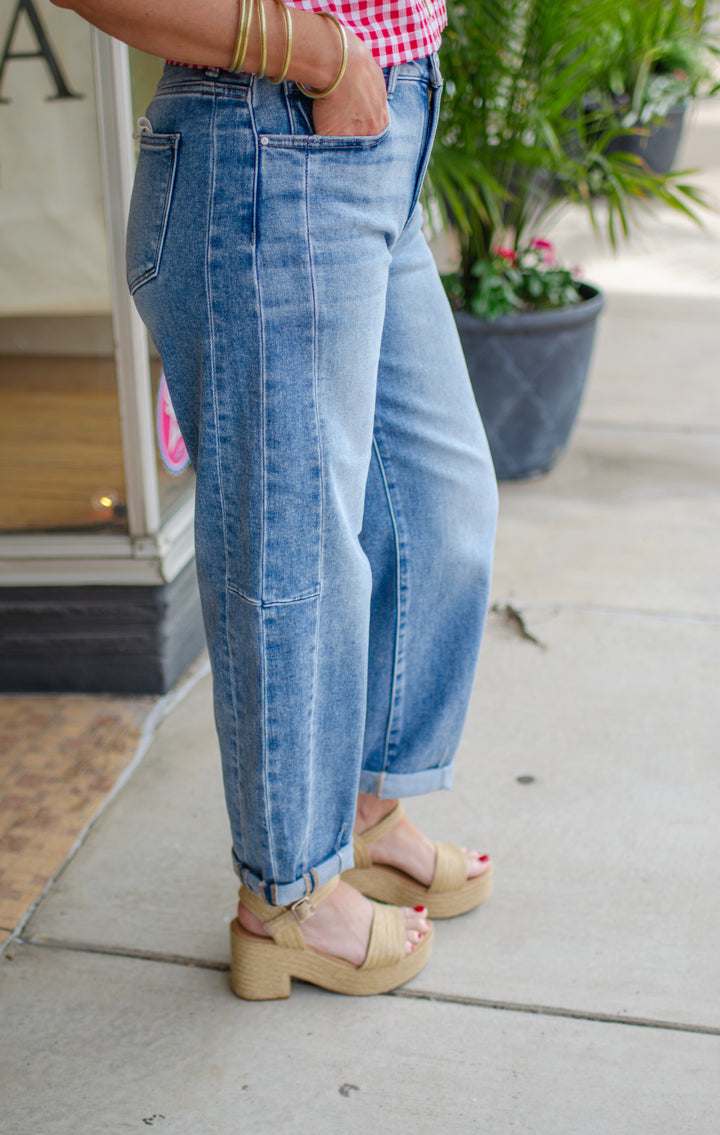 Risen High Rise Barrel Jeans in Medium Wash