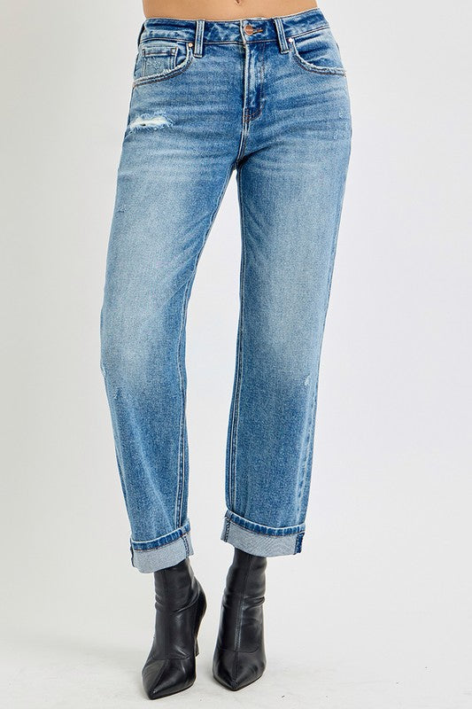 Risen High Rise Ankle Boyfriend Distressed Jeans in Medium