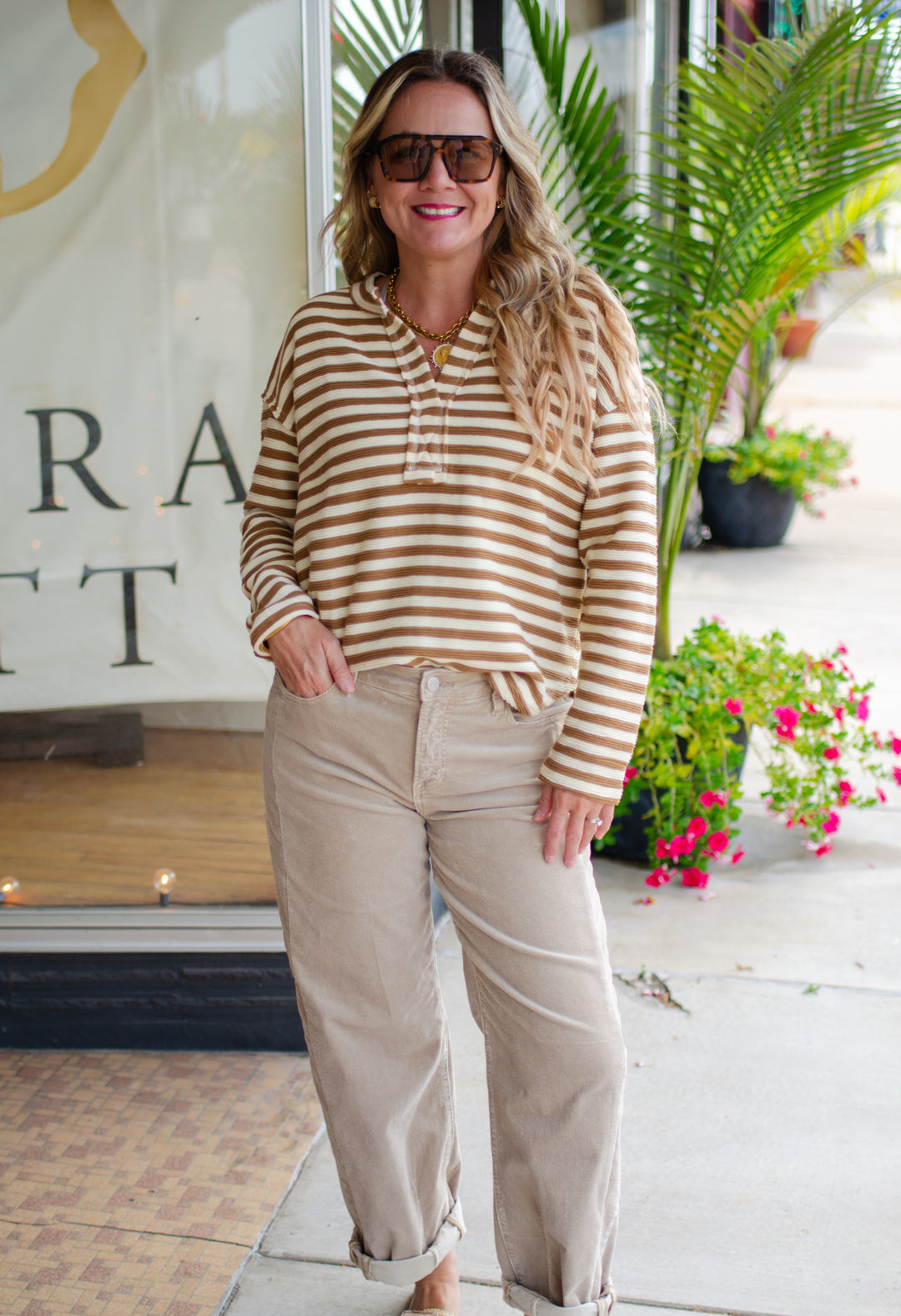 Take Your Time Textured Stripe Split Neckline Long Sleeve Top in Camel