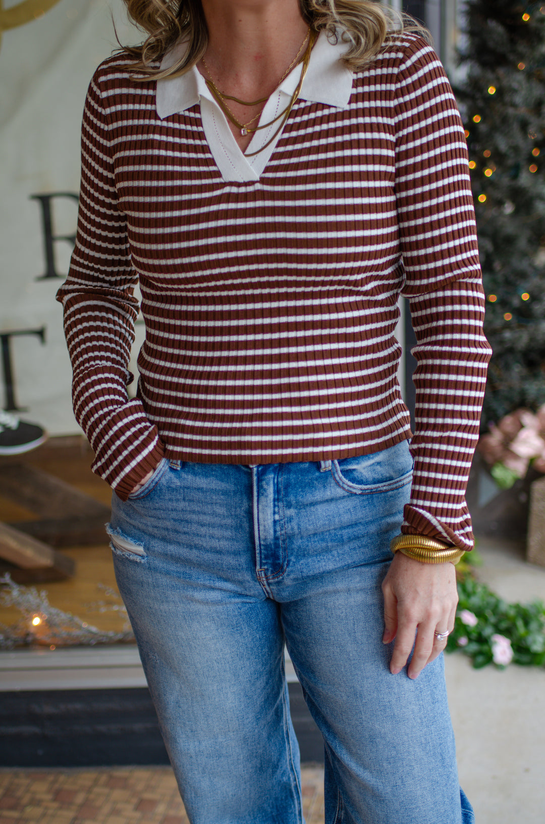 Take Heart Fitted Stripe Collared Long Sleeve in Chocolate & Ivory