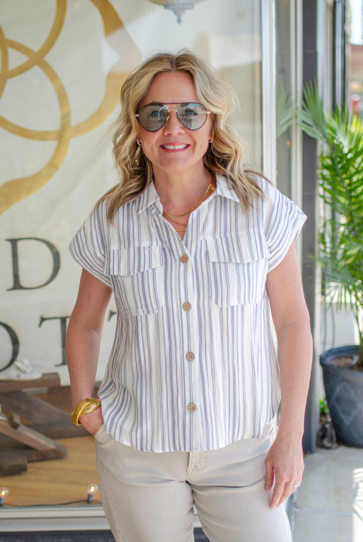 Just The Way You Are Navy Stripe Button Down Top