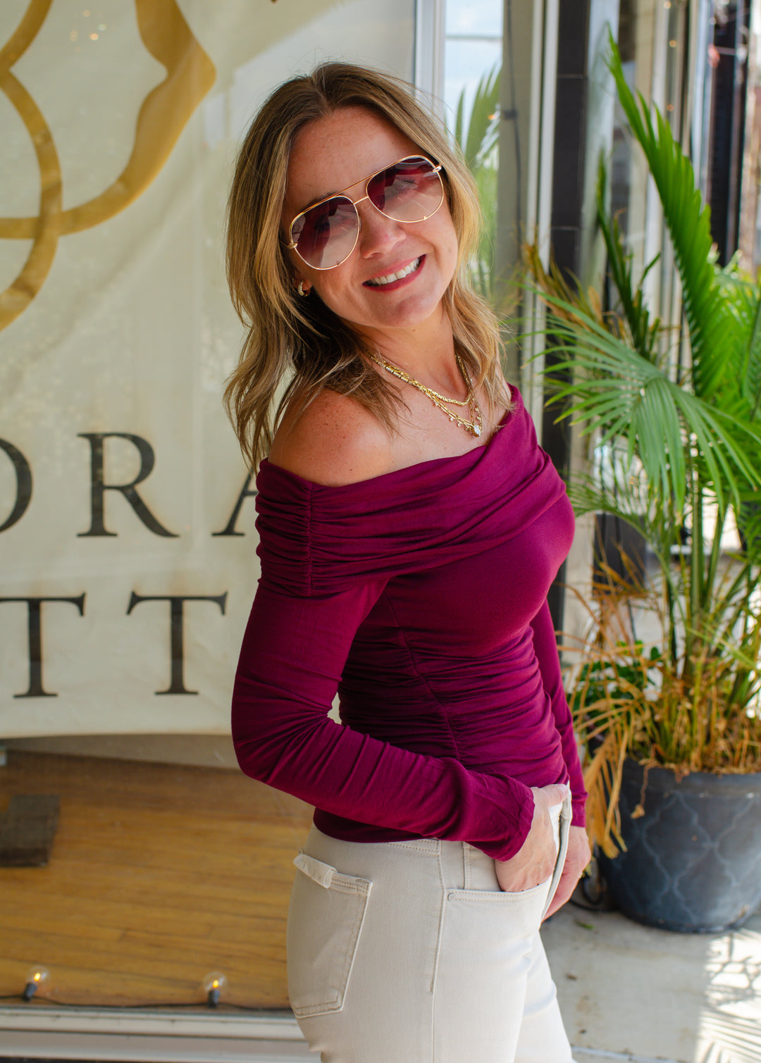 Casual Sophistication Off-the-shoulder Top in Plum