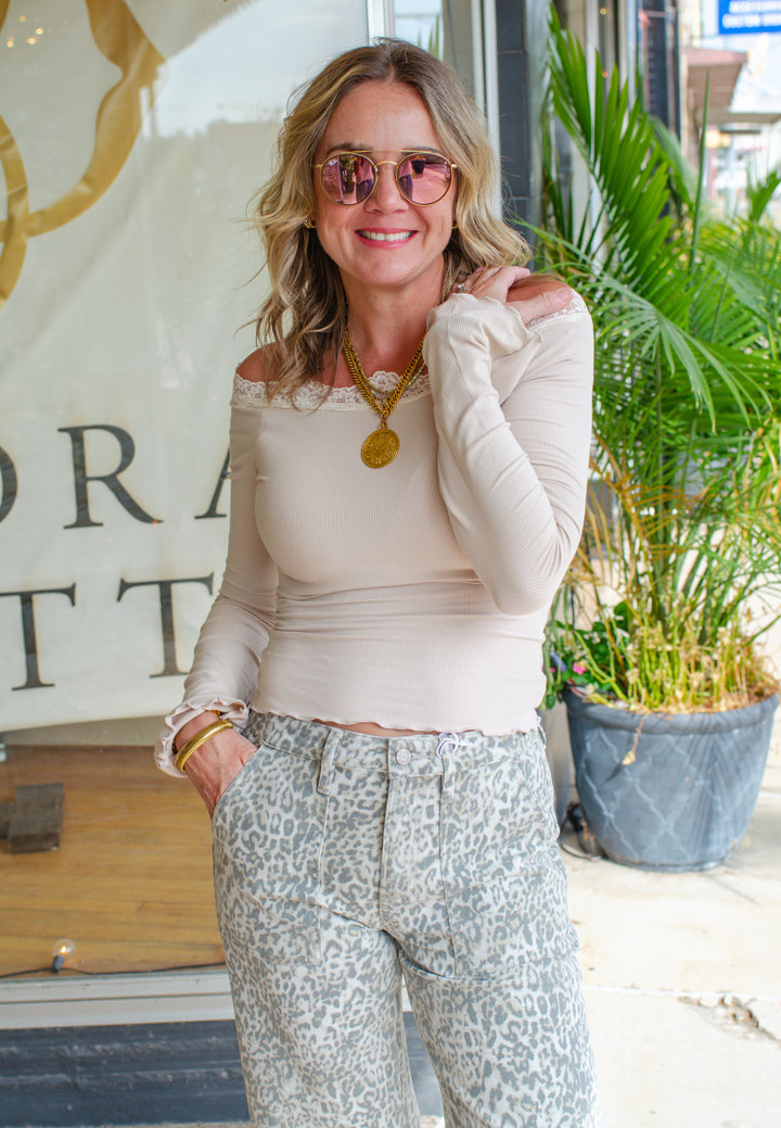 Make Your Own Way Cream Knit Lace Trim Off the Shoulder Top