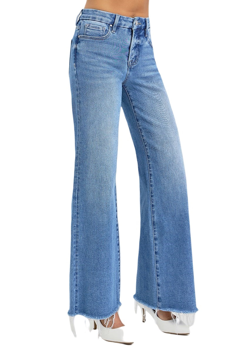 Risen Mid Rise Tummy Control Wide Leg Jeans in Medium Wash