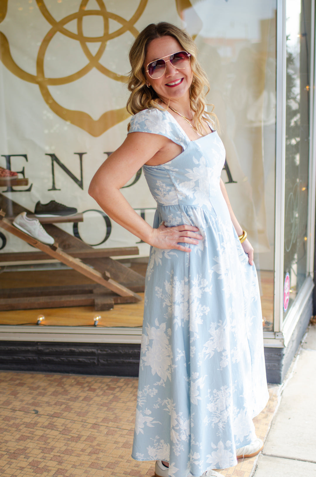 Floral Dreamer Midi Length Ruffle Shoulder Dress in Light Blue